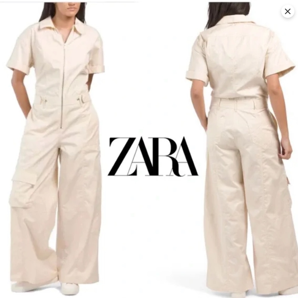 ZARA Women's Cotton Zip Up Cargo Jumpsuit Wide Leg Relaxed Fit NWT - Picture 2 of 9